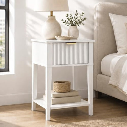 Modern Fluted Small Wood Nightstand, 11.8" Deep x 15.4" Narrow Bedside Table with Drawer & Open Shelf, Farmhouse Chic Accent Side Table for Bedroom & Sofa - White | Bright white tone, ribbed fluted front, 11.8-inch slim depth, concealed storage, clean fit
