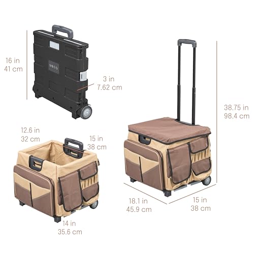 Folding Mobile Utility Cart, Canvas Organizer Bag, Chocolate/Sand | Durable plastic, 30 compartments, adjustable handle, 40 lb capacity, collapses to 3" thick, rolling wheels for easy transport - color: Chocolate/Sand