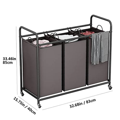 LINZINAR 3-Bag Laundry Sorter,Laundry Hamper Cart with Heavy Duty Rolling Lockable Wheels and Removable Bags (Brown) | Laundry Room Organization with Heavy Duty Rolling Lockable Wheels and Removable Bag, Bedroom Laundry Cart for Clothes Storage - size: 3