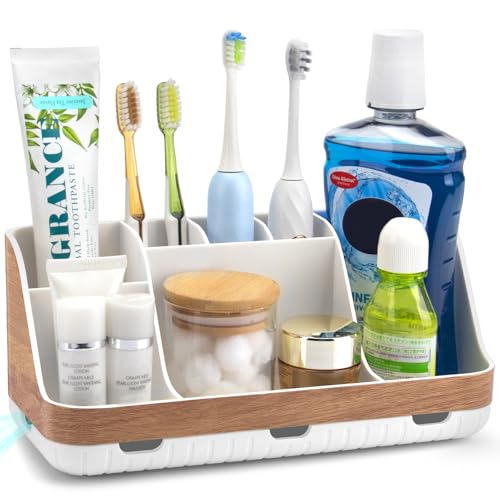 GFWARE Bathroom Countertop Organizer - Detachable 7 Slots Kids Electric Toothbrush and Toothpaste Holde Drainage for Bathroom Accessories Organization Counter Vanity Storage, Woodgrain - color: Woodgrain