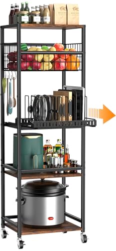 Housolution 5 Tier Kitchen Rolling Cart, Storage Cart with Metal Fruit Vegetable Basket and Pull-Out Pot Lid Cutting Board Organizer, Storage Rack with Wooden Top for Kitchen, Pantry, Bathroom, Brown - color: Brown