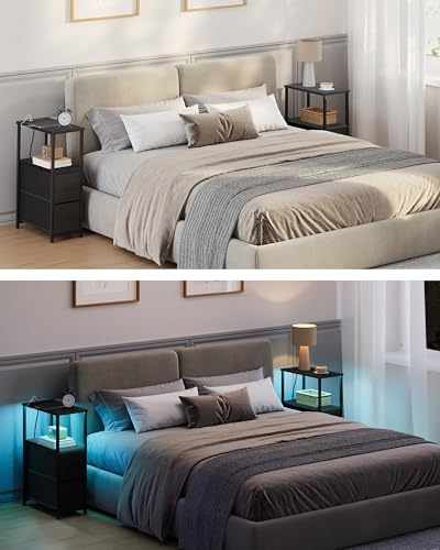 TUTOTAK Small Narrow LED End Table with Charging Station, Side Table Outlets, Nightstand with 2 Cloth Drawers, Set of 2, Couch Table, for Living Room, Bedroom, Bedside, Black TB01BK056 - color: Black, style: 2 Drawers with Plug & Light