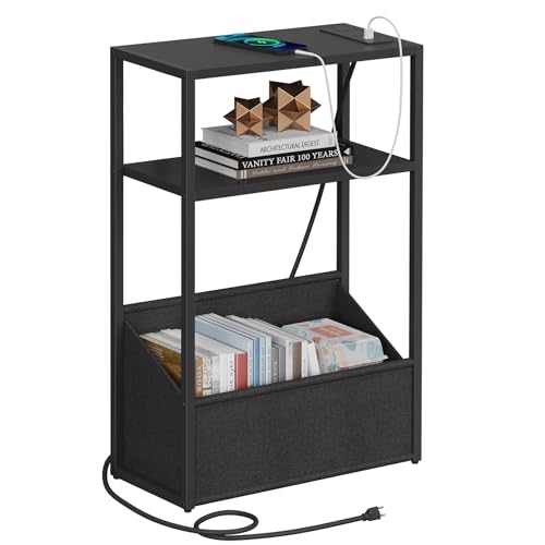 TUTOTAK Keep Phones Charged & Books Organized with Slim 3-Tier Side Table with Charging Station for Living Room Bedroom TB01BK095 - color: Black