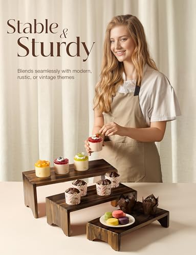 Tidita Wooden 3 Tier Cupcake Stand with Non-Slip Pads (Walnut Color) | Set of 3 Size ,Solid Acacia Wood, No Assembly Required, Finger-jointed, Space-Saving Nesting Design, Multi-Purpose Display - color: Walnut