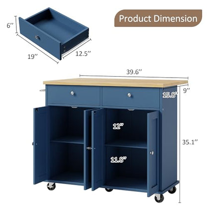 SUNLEI Kitchen Island with Storage, Rolling Kitchen Island Cart with Wheels & Drop Leaf & Towel Rack & 2 Drawers, Portable Island Table for Kitchen (Blue, 39.6“) - style: Blue