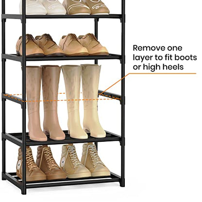 Narrow Shoe Rack 10 Tiers Tall Shoe Rack for Entryway Closet 20 24 Pairs Shoe & Boots Organizer Storage Shelf Durable Black Metal Stackable Shoe Cabinet with Hooks, 17.1D x 11.8W x 78.7H in - color: Black