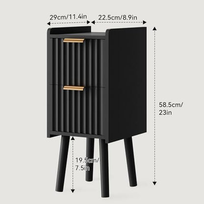 IBUYKE Narrow Nightstand,Slim Bedside Table with 2 Drawer,Black UWNS015B | Space Saving,Skinny Bedside Table for Small Spaces,Wood Side End Tables for Bedroom Living Room