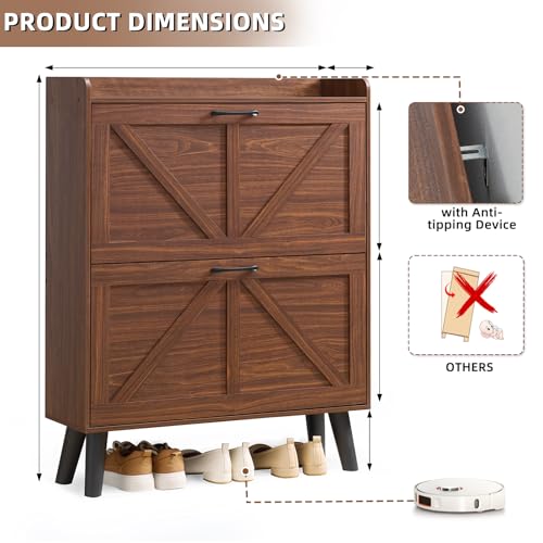 LEYAOYAO Shoe Cabinet Storage for Entryway with 2 Flip Drawers Rack Narrow Organizer Slim Hidden Wood Shoe Cabinet Furniture Walnut - color: Walnut