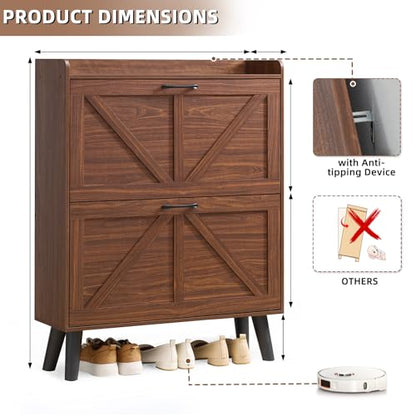 LEYAOYAO Shoe Cabinet Storage for Entryway with 2 Flip Drawers | Rack Narrow Organizer Slim Hidden Wood Shoe Cabinet Furniture - color: Walnut