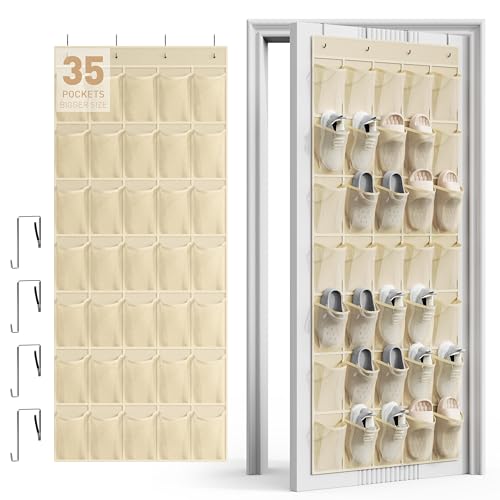 WVM Over the Door Shoe Organizer with 35 Breathable Mesh Pockets, Hanging Shoe Organizer for Door with 4 Metal Hooks, Large Capacity Closet Storage for Shoes, Accessories - color: Beige