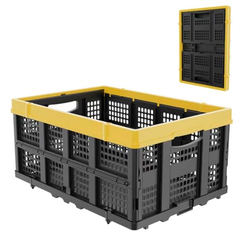 TOLRET 49L Collapsible Crate, Milk Crate for Storage, Foldable Storage Crate, Stackable Crate for Organizing for Home, Shopping, Camping, School, Office, Warehouse, Yellow - color: Yellow, size: Crate