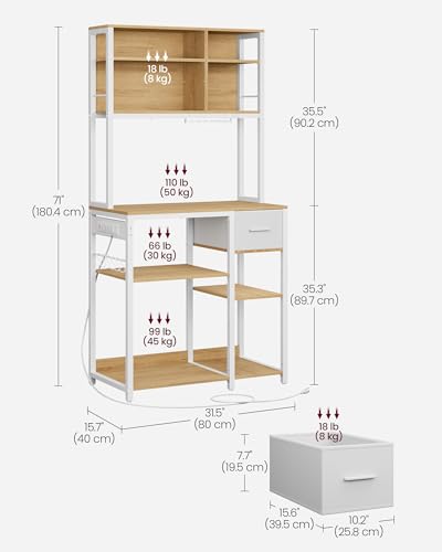 VASAGLE Bakers Rack with Charging Station, Coffee Bar, 15.7 x 31.5 x 71 Inches, Kitchen Microwave Stand, Adjustable Storage Shelves, Fabric Drawer, 12 Hooks, Golden Oak and Cloud White UKKS015Y03 - color: Golden Oak + Cloud White, size: 15.7"D x 31.5"W