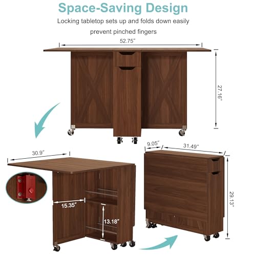 3imothrix Folding Dining Table, Dinner Table with Drawer and Storage and Shelves, Space Saving Dining Table with 6 Wheels, Kitchen Table for Small Spaces (Walnut) - color: Walnut