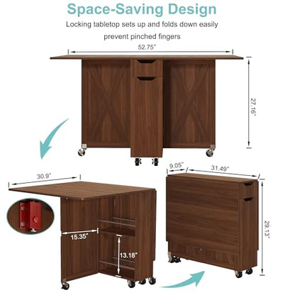 3imothrix Folding Dining Table, Dinner Table with Drawer and Storage and Shelves, Space Saving Dining Table with 6 Wheels, Kitchen Table for Small Spaces (Walnut) - color: Walnut