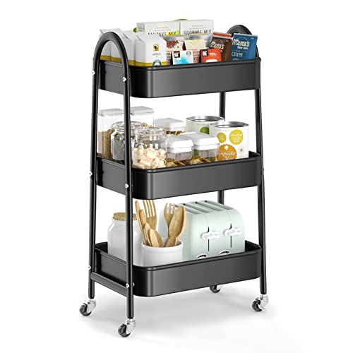3 Tier Utility Rolling Cart, Metal Storage Cart with Handle and Lockable Wheels, Multifunctional Storage Organizer Trolley with Mesh Baskets for Kitchen, Living Room, Office, Garage (Black) - color: Black, size: Normal