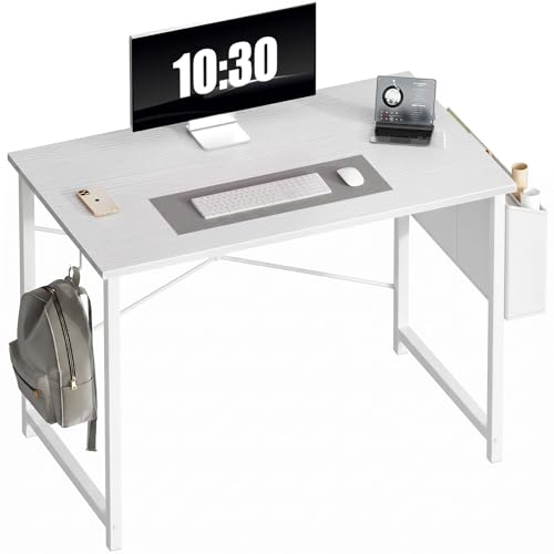 OLIXIS Small Computer Desk, 40 Inch Home Office Desks, Writing Study Craft Work Gaming Table, Computer Workstation for Bedroom Small Spaces with Storage Bag and Headphone Hook, White - color: White, size: 40 Inch with Hook