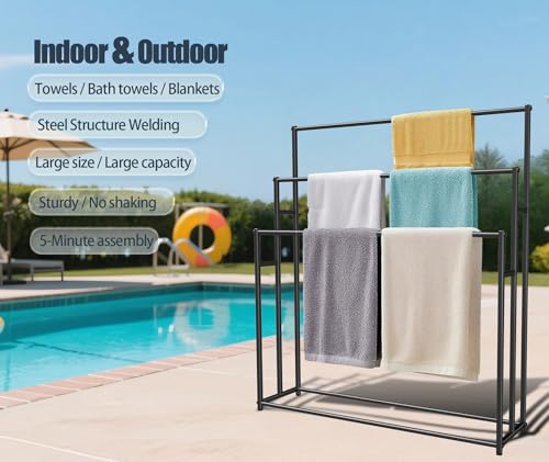 3 Tier Standing Towel Rack - Extra Wide Large Bathroom Towel Stand, Heavy-Duty Metal Towel Drying Rack for Poolside (Matte Black, 25.6” Wide) - color: Matte Black