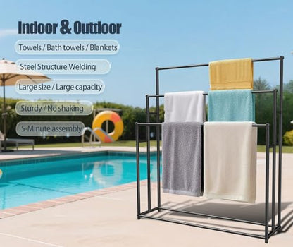 3 Tier Standing Towel Rack - Extra Wide Large Bathroom Towel Stand, Heavy-Duty Metal Towel Drying Rack for Poolside (Matte Black, 25.6” Wide) - color: Matte Black