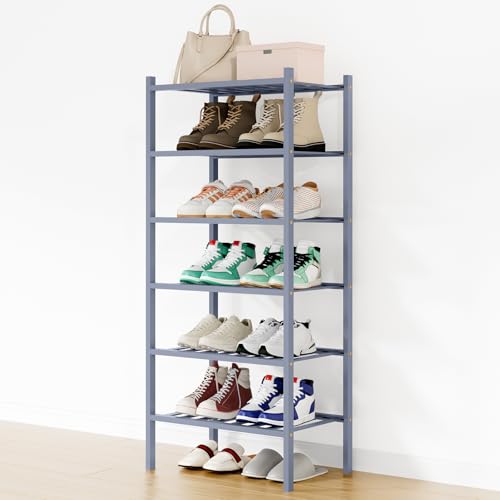Smiry Bamboo Shoe Rack, 12 Vertical Slats, 6 Tier - 17.3" Wide, Grey | Stackable Free Standing Wooden Shoe Organizer, Wood Shoe Storage Shelf for Closet, Entryway - color: Grey, size: 17.32" Wide - 6 Tier - Regular