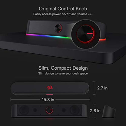 Redragon GS560 RGB Desktop Soundbar, 2.0 Channel Computer Speaker with Dynamic Lighting Bar Audio-Light Sync/Display, Touch-Control Backlit with Volume Knob, USB Powered w/ 3.5mm Cable, Black - color: Black