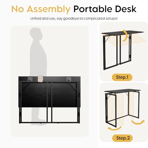 alawooder 31.5" Folding Desk: No Assembly, Wood Top for Small Spaces | Home office desk, holds 150 lbs, folds flat to 2.3 in, splash-proof wood top, sturdy metal frame - color: Black, size: 31.5"W x 15.7"D