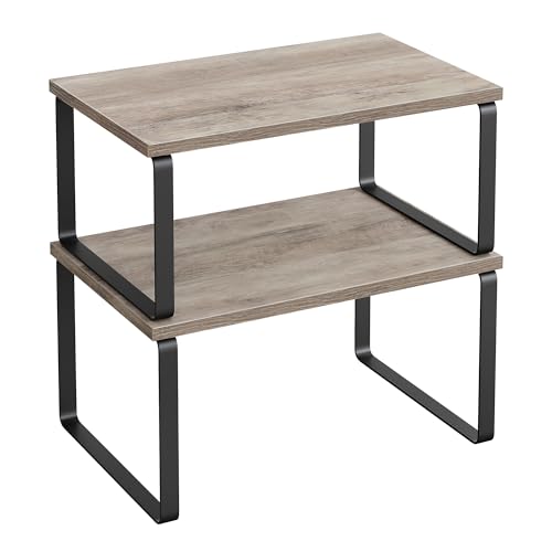 SONGMICS Cabinet Organizer Shelf, Set of 2 Kitchen Counter Shelves, Kitchen Storage, Spice Rack, Stackable, Expandable, Metal and Engineered Wood, 11.7 Inches, Ink Black and Heather Greige UKCS020X02 - color: Ink Black + Heather Greige, size: 11.7"w
