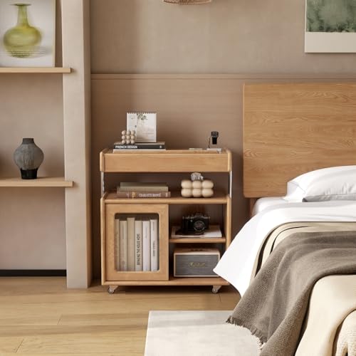 Solid Wood Side Table with Wheels, Flip Top Side Table with Storage, Multi-Functional Storage Cabinet with Ample Space for Living Room, Bedroom(13.77" D x 26.77" W x 28.22" H, Natural) - color: Natural