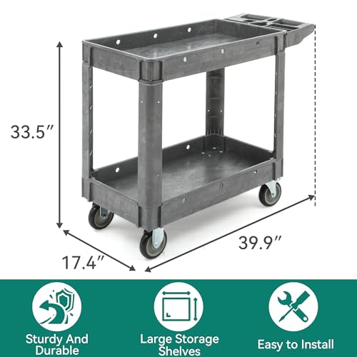 YITAHOME Grey Utility Cart on Wheels, 550 lbs Capacity, 40 x 17 Inch | Rolling Work Carts with Wheels, 2 Shelf Heavy Duty Plastic Service Cart Suitable for Warehouse, Garage, School & Office