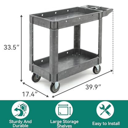 YITAHOME Grey Utility Cart on Wheels, 550 lbs Capacity, 40 x 17 Inch | Rolling Work Carts with Wheels, 2 Shelf Heavy Duty Plastic Service Cart Suitable for Warehouse, Garage, School & Office