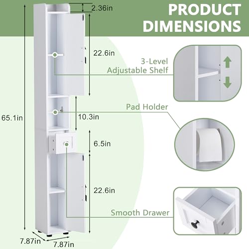 VECELO Narrow Bathroom Storage Cabinet with Adjustable Shelves, 67" Tall Freestanding Cabinet with Toilet Paper Holder, Slim Tower Cabinet with Two Magnetic Doors & Drawer, for Small Spaces, White - color: Cabin Top