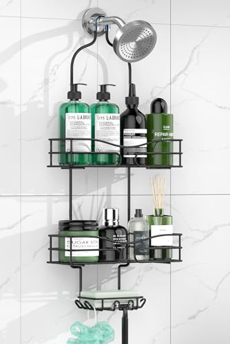 DAOYA Bathroom Shower Caddy Hanging - 3-Tier Organizer with Soap Holder & 6 Hooks for Towels, Sponge; Fits 21mm Shower Head Arm, Black - color: Matte Black