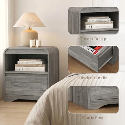 Wood Nightstand with Drawers, Curved Bedside Side End Table w/Open Storage | Hidden Handle, Modern Night Stands for Bedroom Sofa Couch Office, Grey