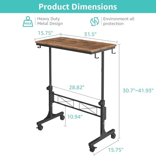 Small Portable Rolling Standing Desk - 32 Inch Adjustable Height Mobile Stand Up Desks with Wheels for Treadmill Walking Pad, Teacher Podium for Classroom, Couch Sofa Side Laptop Table, Rustic Brown - color: Brown