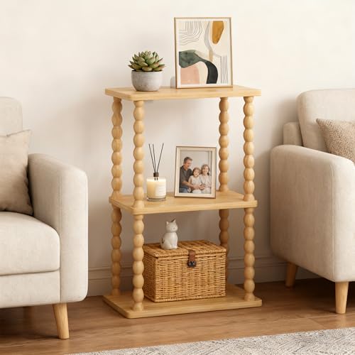 ELYKEN Narrow Side Table with Charging Station, 3-Tier Skinny Bedside Table | Small End Tables Living Room with USB Port and Outlet, Nightstands with Storage Shelf for Bedroom - color: Natural