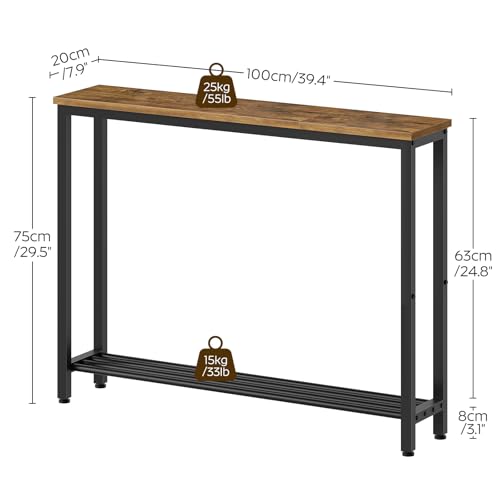 YATINEY Narrow Console Table, 2-Tier Small Sofa Table, 39.4" Thin Entryway Behind Couch Table with Shelves, Industrial Hallway Table, for Living Room, Foyer, Rustic Brown and Black CT25BR - color: Rustic Brown + Black, size: 39.4"D x 29.5"W x 7.9"H