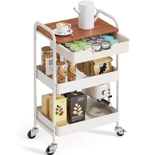 TOOLF 3 Tier Metal Utility Rolling Cart - White Storage Cart with Drawer and Wooden Table Top, Trolley Kitchen Organizer Rolling Desk with Locking Wheels for Office, Classroom, Home, Bedroom - color: White