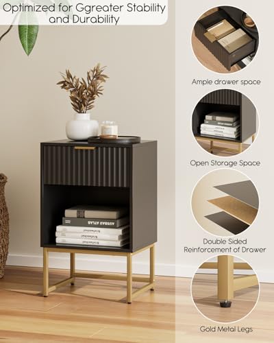 Masupu Fluted Nightstand,Modern Night Stand Wood Bedside Table with Storage Drawer Side End Table for Bedroom,Office,Black - color: Flutted-black