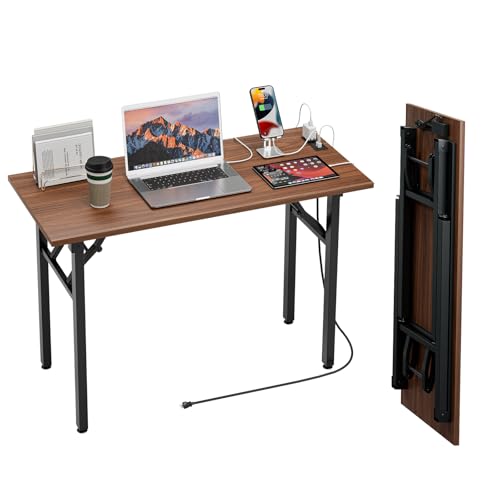 TEMI Small Computer Desk Folding Table - No Assembly, Compact 43.3" Foldable Desk with Power Outlets & USB Charging Port, Portable Small Office Desk, Ideal Mini Study Table for Narrow Spaces, Walunt - color: Dark Walnut, size: 43.3 Inch, style: With Power