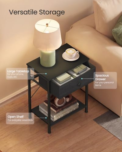 SONGMICS Bedside Table with Drawer, Nightstand with Lower Shelf | Side End Table for Bedroom, Living Room, Ebony Black, BELLAH Collection, ULGS101B201S - color: Bony Black, style: 1 Drawer-1Pc