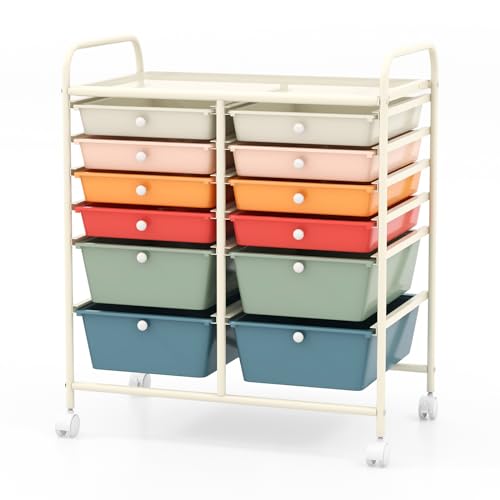 COSTWAY 12-Drawer Rolling Storage Cart, Moveable Art Craft Organizer | Lockable Wheels, Metal Shelf, Files Arrangement Tools Makeup Storage Cart for Office, Home, School (Macaron) - color: Macaron, size: 12 Drawer