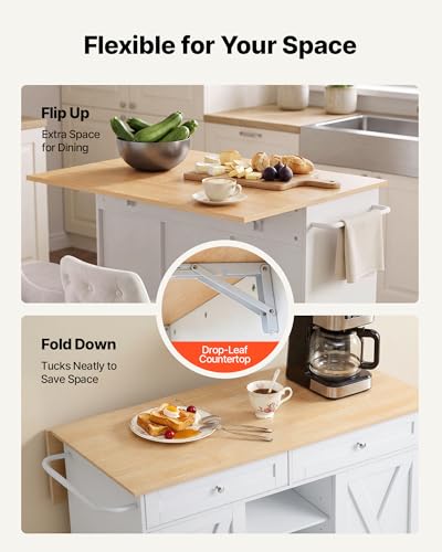 VEVOR Kitchen Island Cart with Storage, 45.67 in Wide Mobile Rolling Storage Island on Swivel Wheels, with 2 Drawers, Storage Cabinet, Drop Leaf, Towel Rack, Table for Home Dining Room, White - size: 45.67"W (dropleaf)