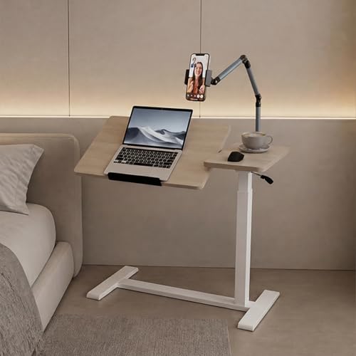 Adjustable Overbed Bedside Table with Wheels Pneumatic Mobile Standing Laptop Desk Rolling Computer Cart Movable Couch Desk Hospital Bed Table, Natural Wood - color: Natural Wood