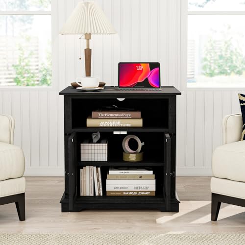 MUUEGM Black End Table Living Room Set of 2 Large Farmhouse Nightstand Sofa Side Table with Charging Station Rustic Wood Square Bedside with Barn Door Rustic Wood with Storage for Living Room,Bedroom - color: Matte Set 2