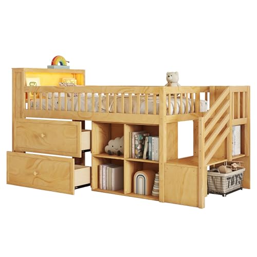 Twin Size Loft Bed with LED and Bookshelf, Wood Low Loft Bed with Stairs,Twin Loft Bed with Storage Drawers and Shelves, Natural