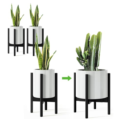 MUDEELA Plant Stand for Indoor, Bamboo Material, Black, 14.5 Inch Tall | Adjustable Width Fits 8-12 Inch Pot, Mid-century Modern Style, Single Tier Small Floor Plant Holder, 2 Pack, Without Pot - color: Black, size: 2 Pack - 14.5 Inch Tall