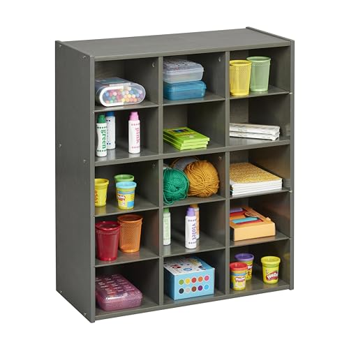 ECR4Kids Streamline 15 Cubby Tray Storage Cabinet, 5x3, Classroom Furniture, Grey Wash | Durable birch, GREENGUARD Gold Certified, 15 cubbies to store and organize supplies in a classroom, office, home playroom - color: Grey