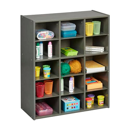 ECR4Kids Streamline 15 Cubby Tray Storage Cabinet, 5x3, Classroom Furniture, Grey Wash | Durable birch, GREENGUARD Gold Certified, 15 cubbies to store and organize supplies in a classroom, office, home playroom - color: Grey