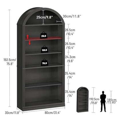 RALGEND Arched Bookshelf, 75.8" Tall Arch Bookcase with Storage, 6-Tier Farmhouse Book Shelf, Arched Cabinet, Wooden Bookshelf with Open Display Shelves, Adjustable Shelf, Office, Black - color: Black, size: 31.4"L x 11.8"W x 75.8"H