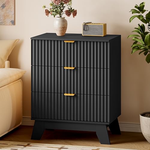 BORNOON Fluted Night Stand with 3 Drawers, Modern Bedside Table Dresser with Gold Handles, End Side Table Storage Cabinet for Bedroom - color: Black, size: Standard