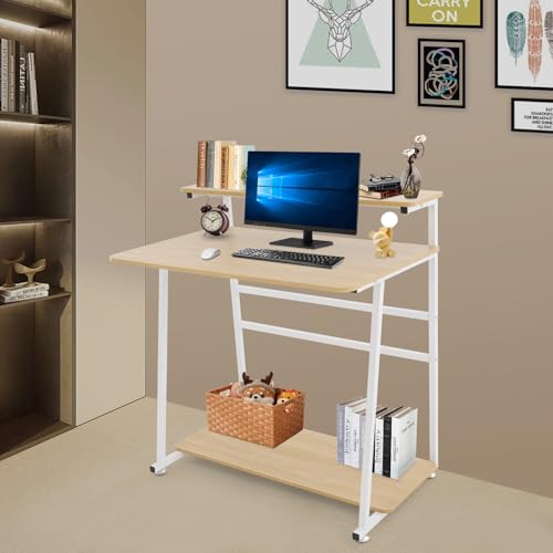 3 Tiers Rolling Computer Desk, 31.5 Inch Home Office Desk with 4 Wheels & 4 Foot Pads, Mobile Small Computer Desk, Student Study Table for Small Space Bedroom (White+Log Color) - color: White+log Color